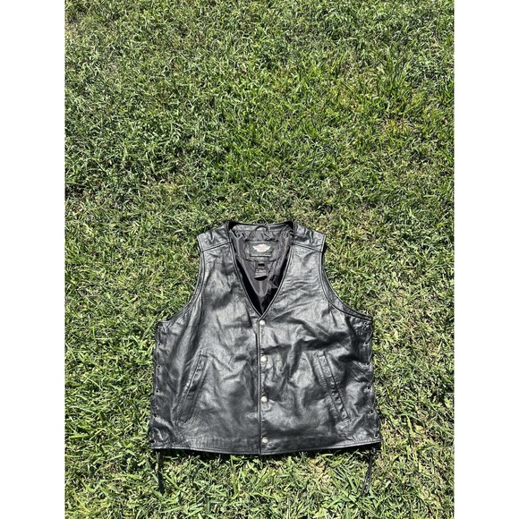 Harley Davidson Men Vest XL Black Leather Pathway Snap Lace Up Moto Biker - Picture 1 of 6